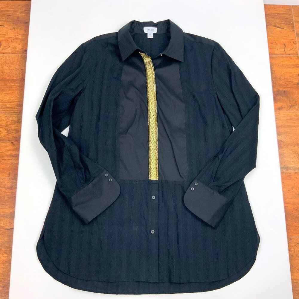 New Per Se by Carlisle Black Button Down Shirt Gold Embellishment Sz 14 - Picture 13 of 16